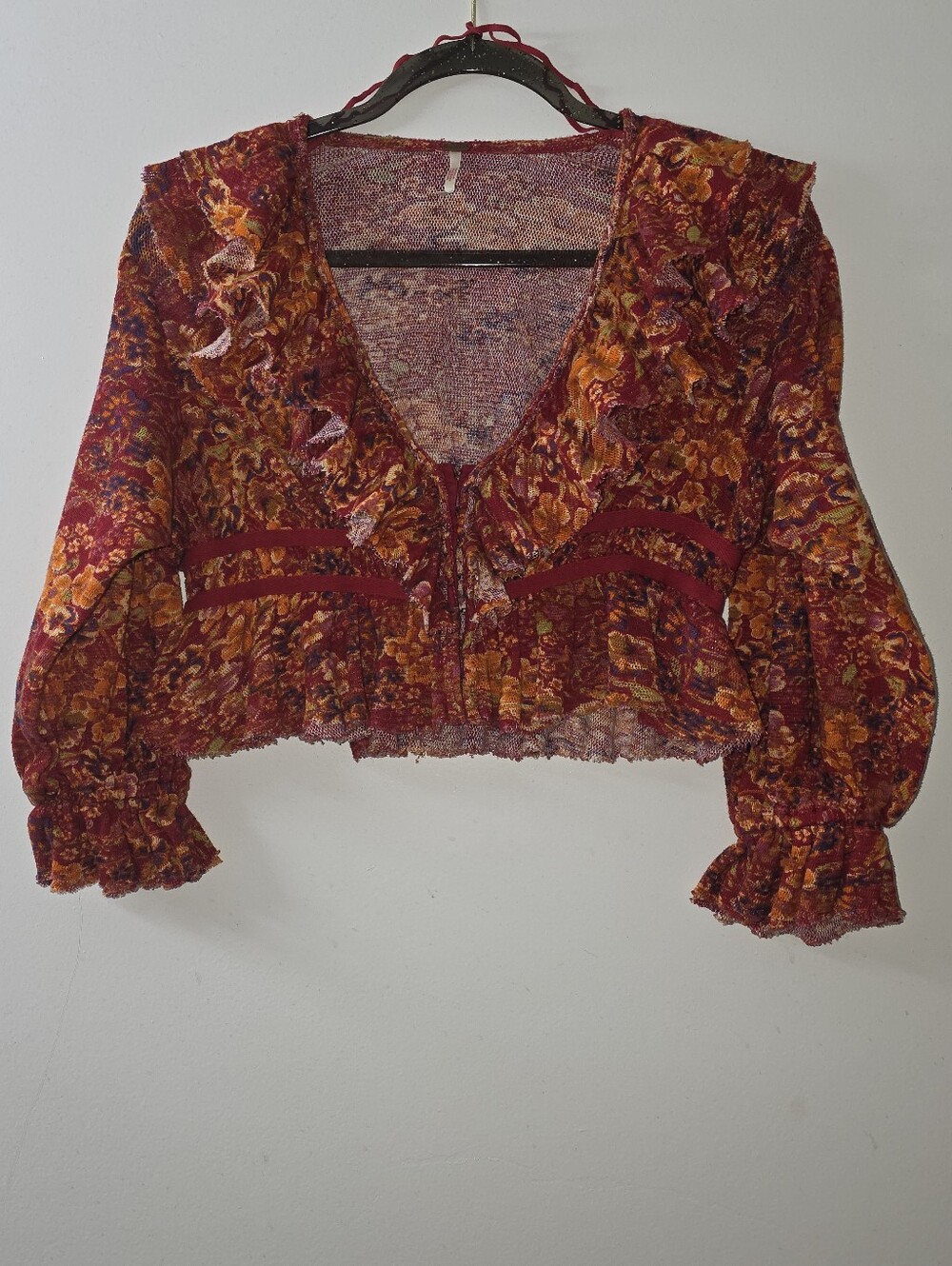 Free People Orange Ruffle Front Closure Floral  Hippie Crop Top Size S